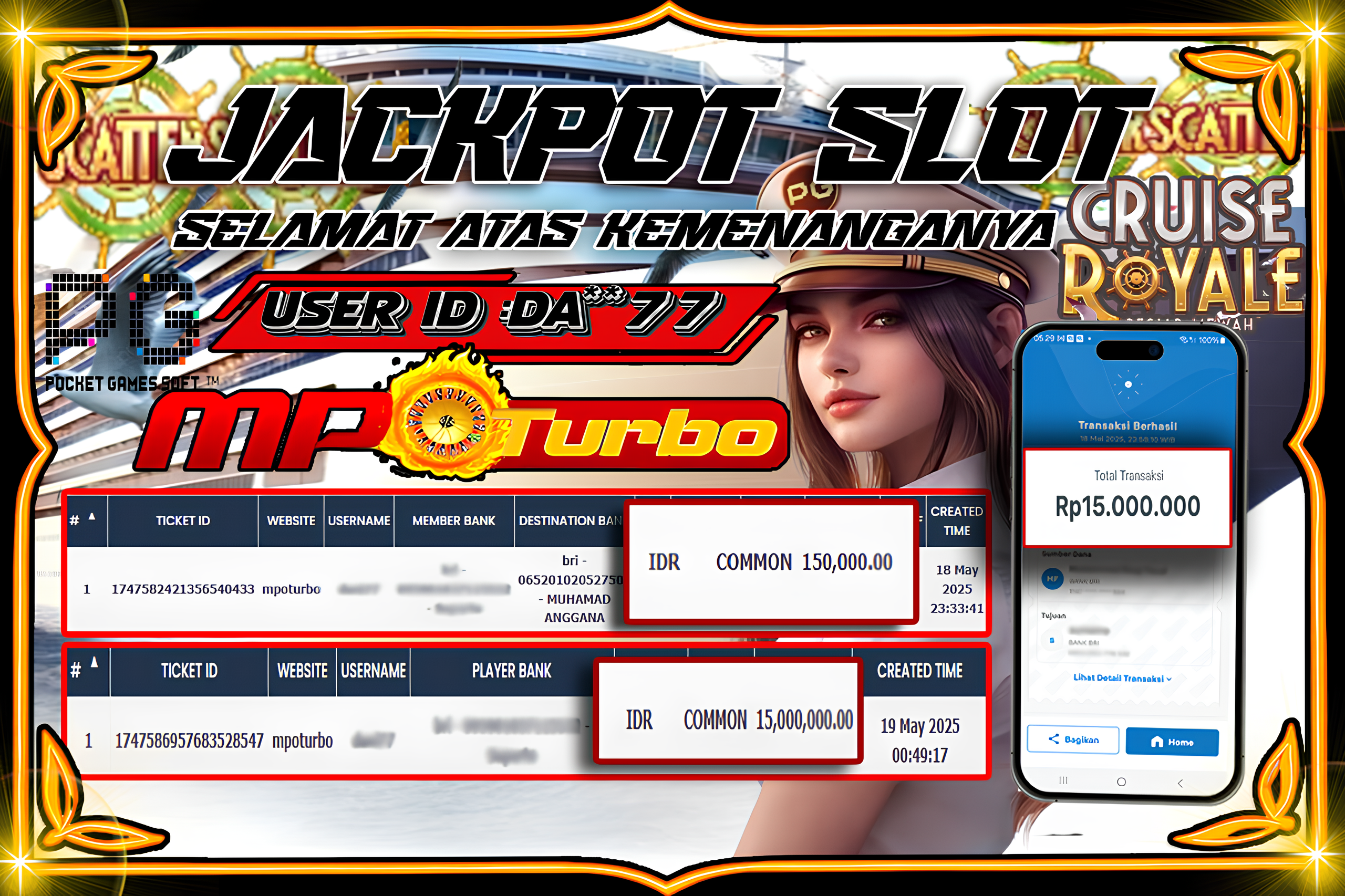 MPOTURBO JACKPOT SLOT CRUISE ROYALE - PG SOFT Rp 15,000,000.00,- LUNAS